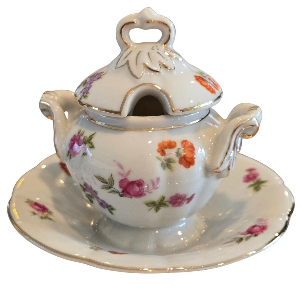 Lefton China Mini Floral Jam Pot with Lid and Underplate NE‎ 2757 Gold Trim